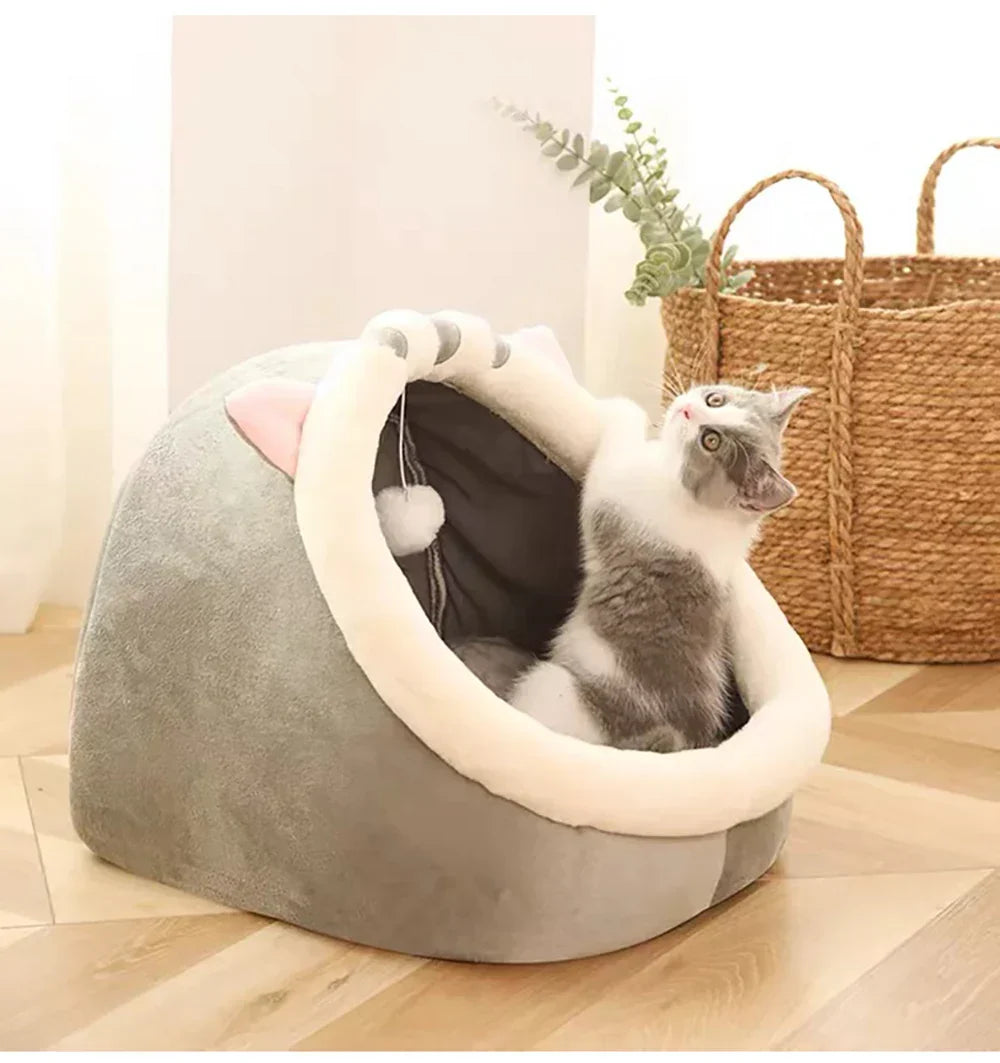 Cozy Cave Cat Bed – Soft Foldable Semi-Enclosed Pet Bed with Removable Washable Cushion