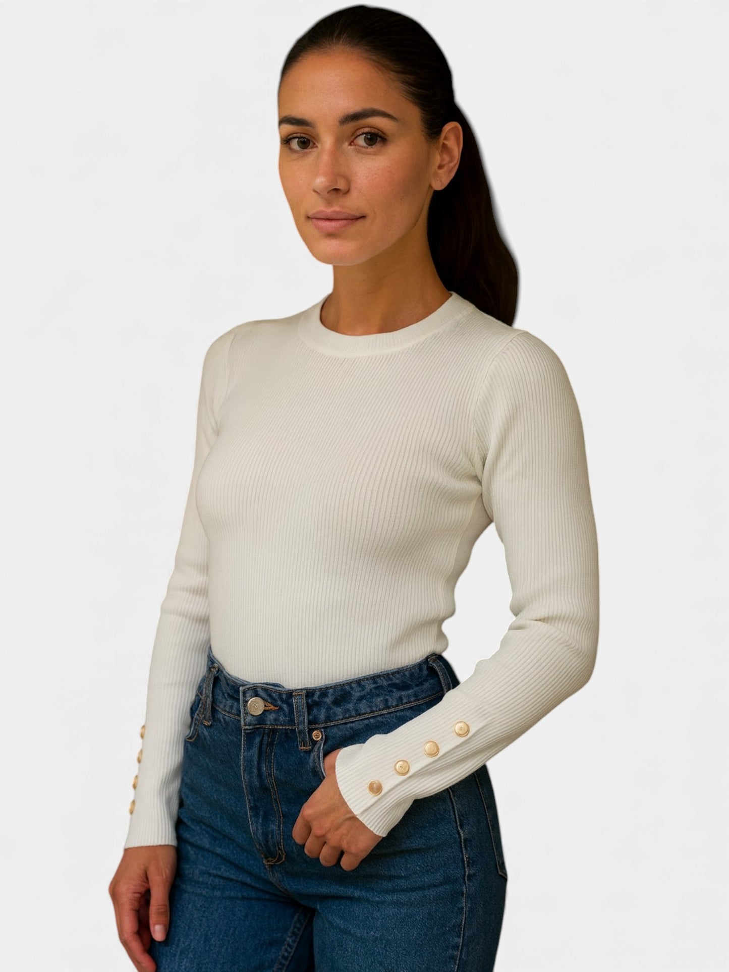 Venna Ribbed Button Sleeve Top